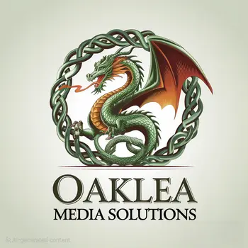 Oaklea Meida Solutions logo, a Stylized Celtic Dragon facing left in a green Celtic circle