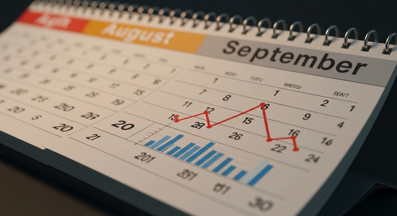A wall callendar showing August and September, September has a graph rising then falling A wall callendar showing August and September, September has a graph rising then falling
