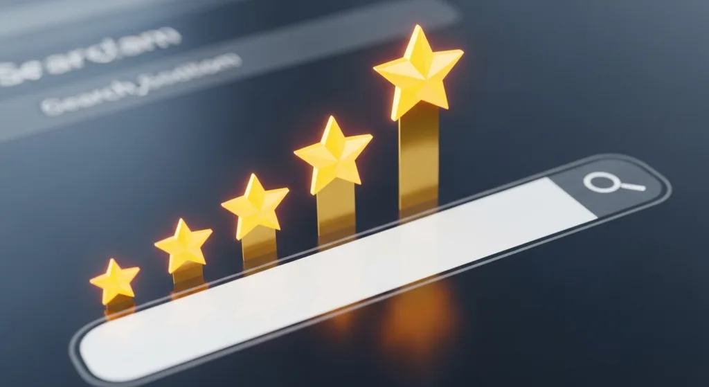 Current image: A search bar with 5 stars forming a bar graph overlay