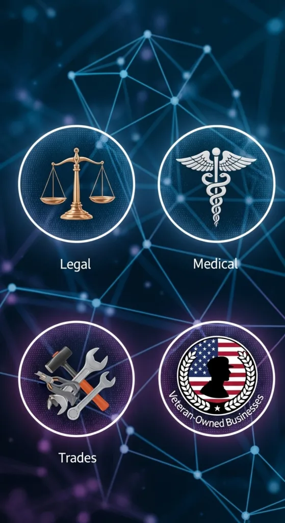 Emblems representing the Legal, Medical, Trades, and Veteran Owned businesses