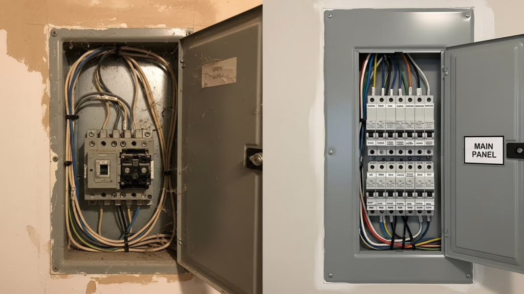 Marketing Tips for Electricians | Increase Leads & Grow Your Business 3 side by side images, left: an old electrical panel, right: a newly rewired and upgraded electrical panel