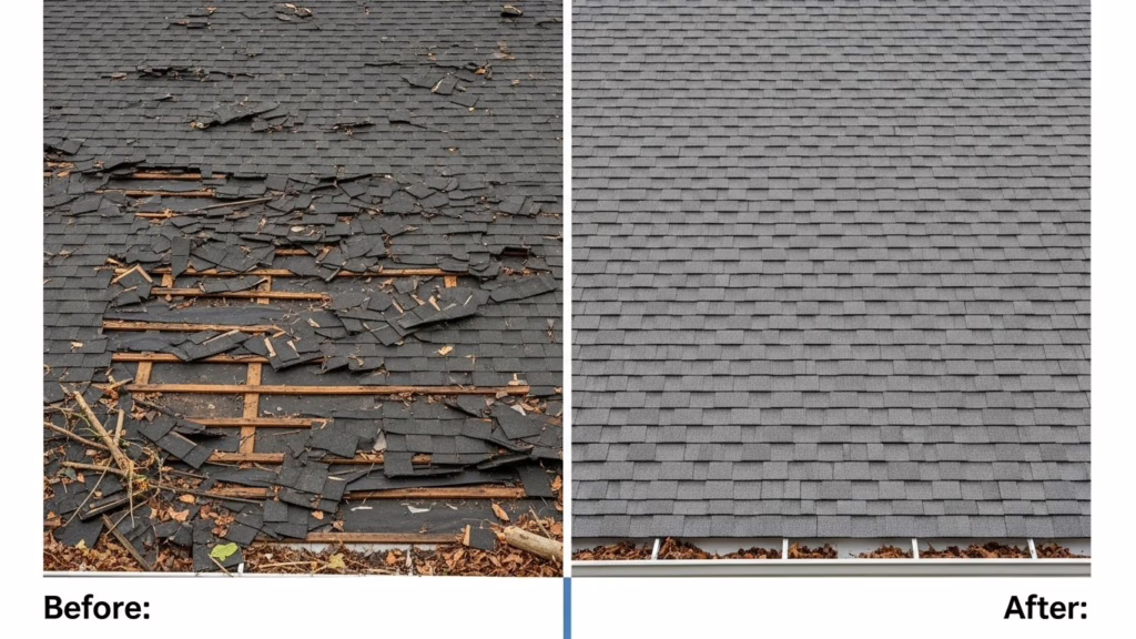 Before and After pictures illustrating a storm damage roof and a fully restored roof