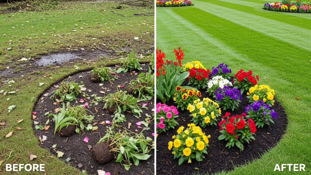 Before and After images of storm damaged lawn